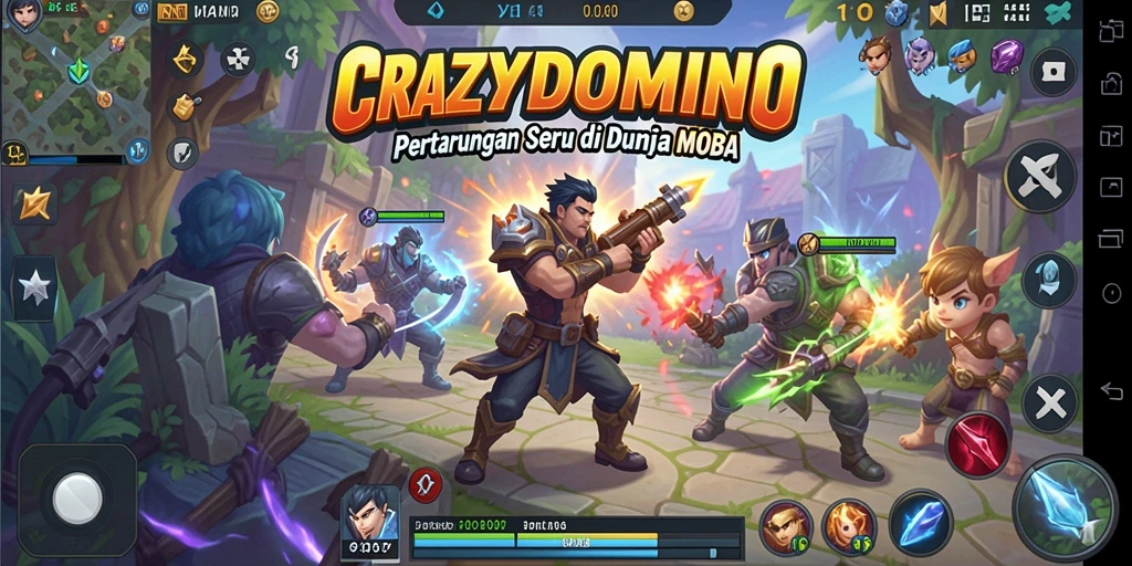 Tampilan seru pertarungan gameplay MOBA dengan karakter unik di CRAZYDOMINO.