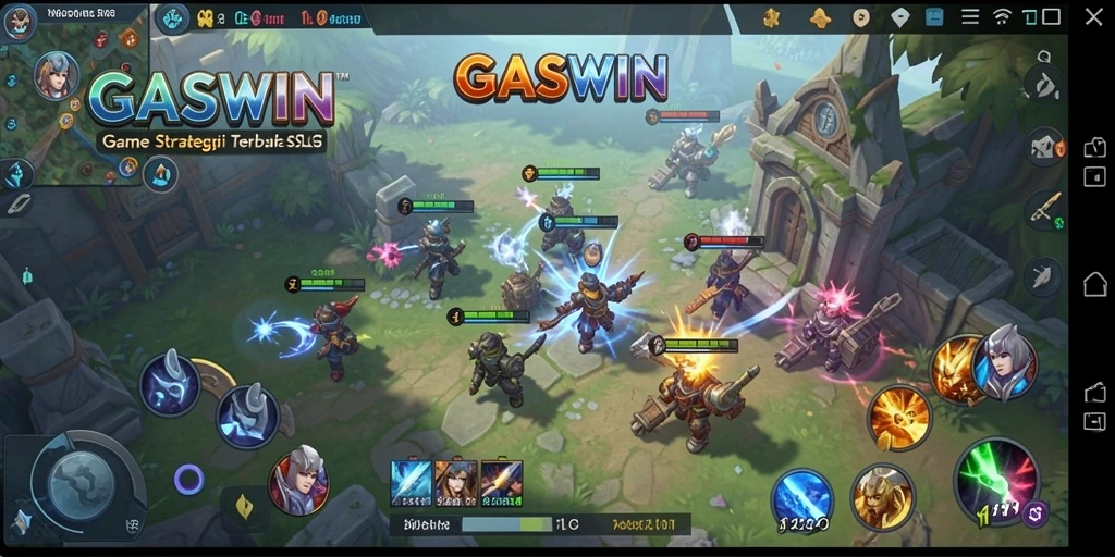 Tampilan gameplay <strong>GASWIN</strong> dengan pertarungan strategi yang intens.