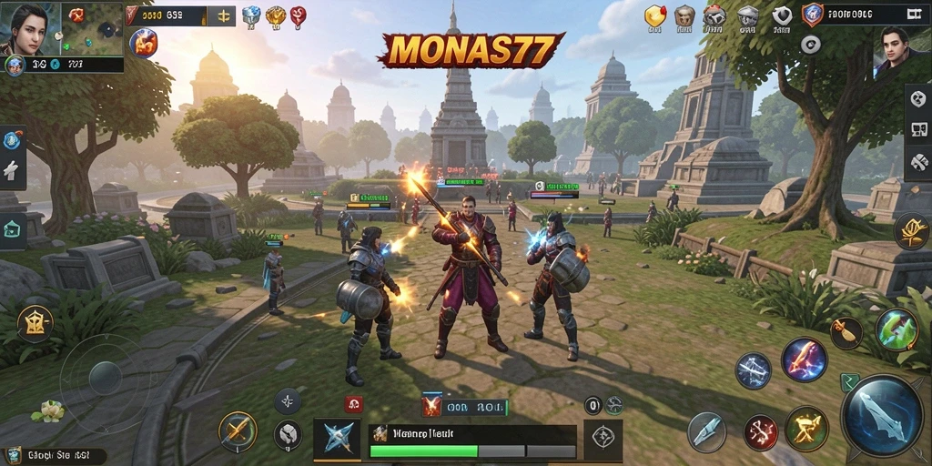 Screenshot utama MONAS77 menampilkan aksi pertarungan yang mendebarkan.