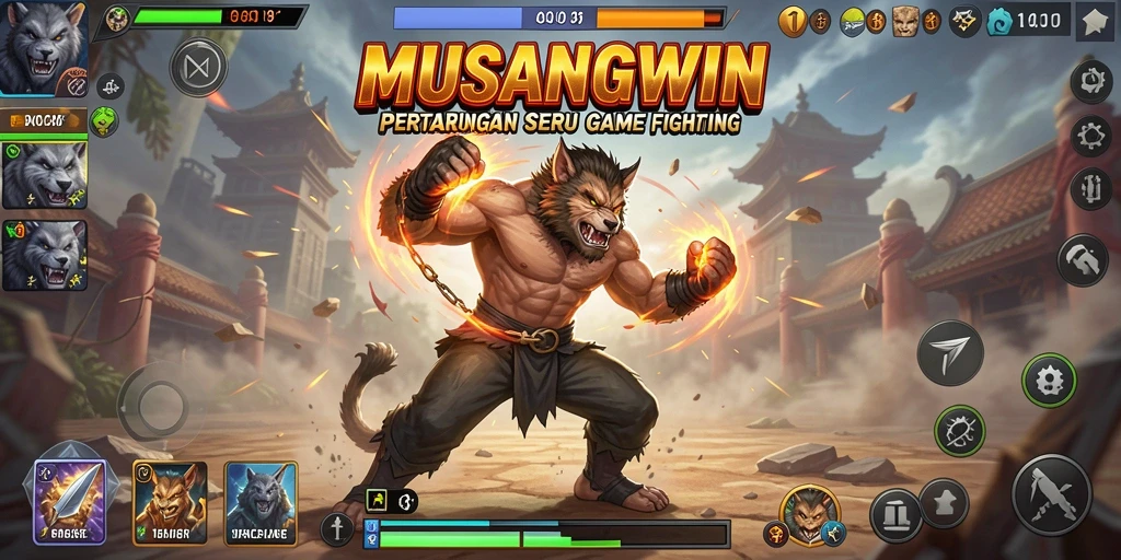 Tampilan pertarungan seru dalam game MUSANGWIN dengan karakter yang beragam.