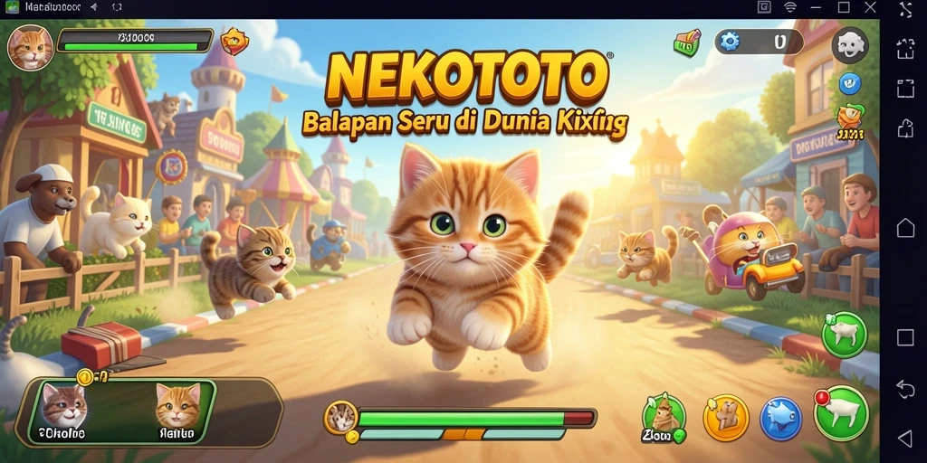 Tampilan gameplay seru di NEKOTOTO dengan kucing yang balapan.