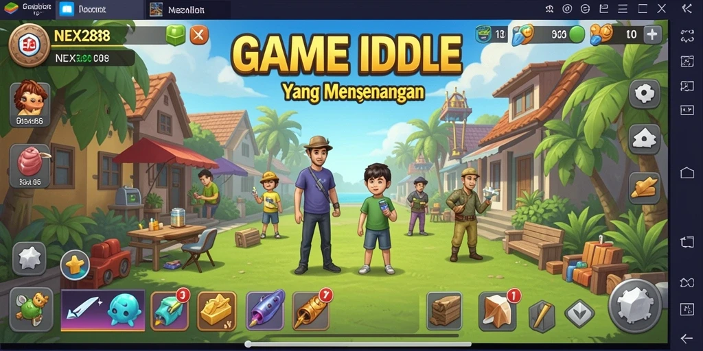 Tampilan utama gameplay <strong>NEX288</strong> menampilkan karakter yang mengumpulkan sumber daya secara otomatis.