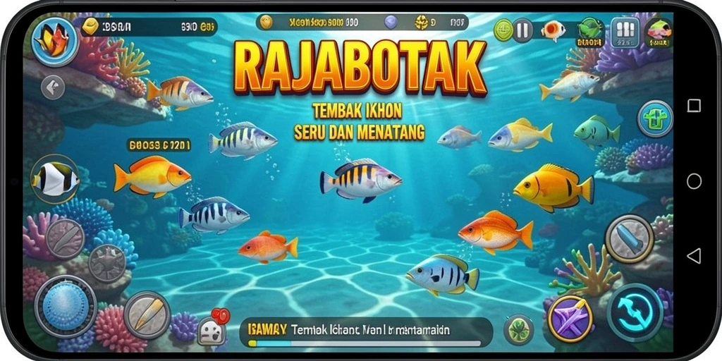 Screenshot utama RAJABOTAK menampilkan momen seru Tembak Ikan.