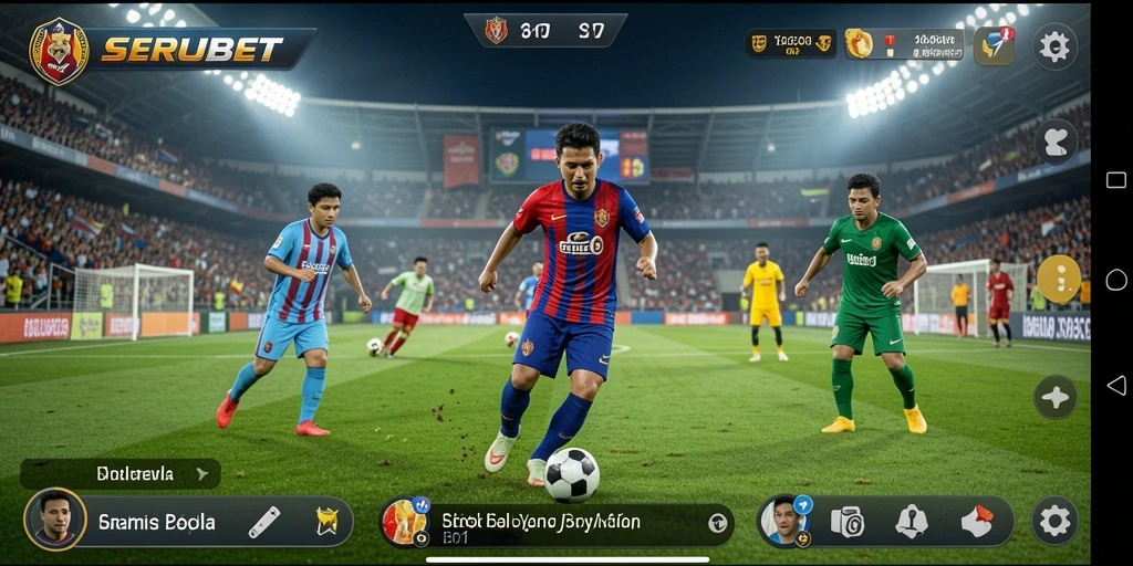 Tampilan gameplay SERUBET yang seru dan menantang di lapangan sepak bola.
