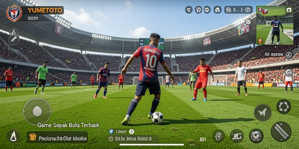 Screenshot utama YUMETOTO menampilkan aksi sepak bola yang seru.